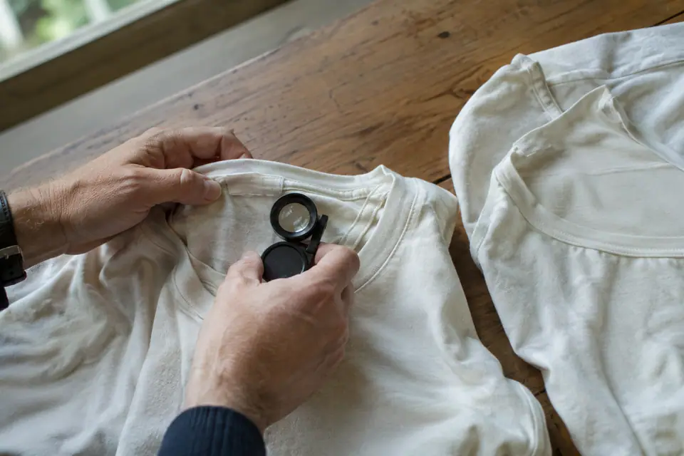 Mains d'un collectionneur examinant à la loupe l'étiquette intérieure d'un vieux maillot de foot blanc