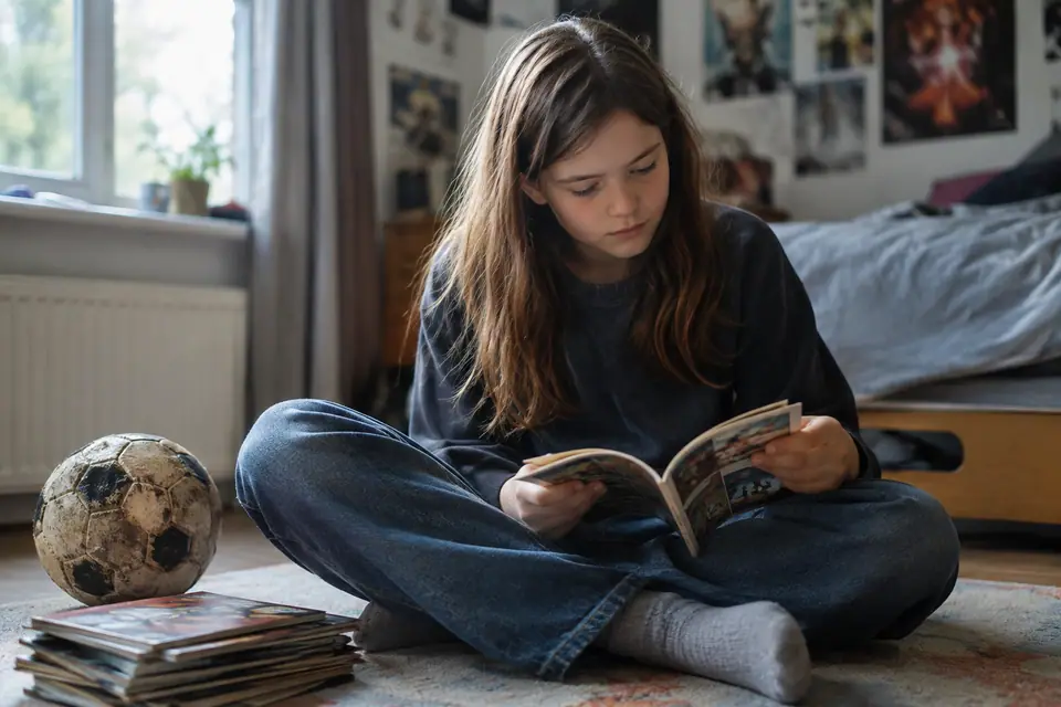 Une jeune fille assise par terre dans sa chambre lit un manga, un ballon de foot posé à côté d'elle