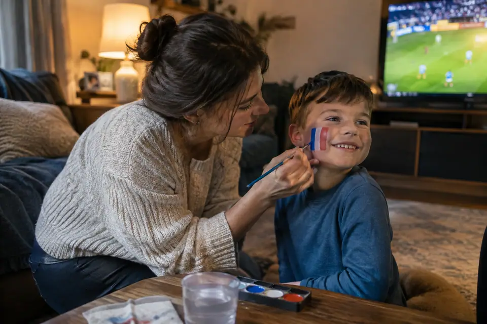 Mère peignant des bandes bleu, blanc, rouge sur la joue de son jeune fils avant un match