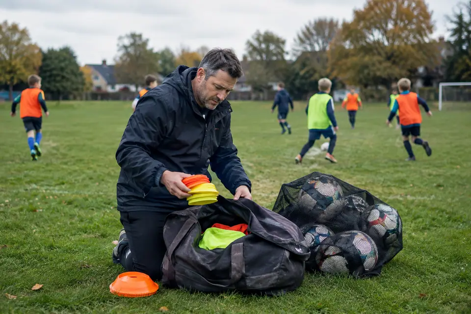 Éducateur de foot accroupi sortant coupelles, ballons et chasubles d'un sac au bord d'un terrain municipal