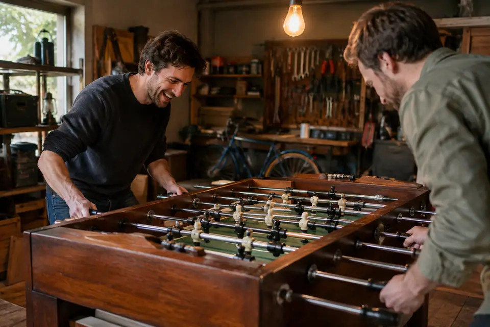 Deux amis disputent une partie de baby-foot en bois dans un garage aménagé en salle de jeux