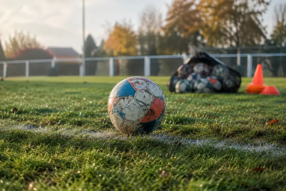 Ballon de foot posé sur le point de penalty d'un terrain municipal, avec un filet de ballons en arrière-plan