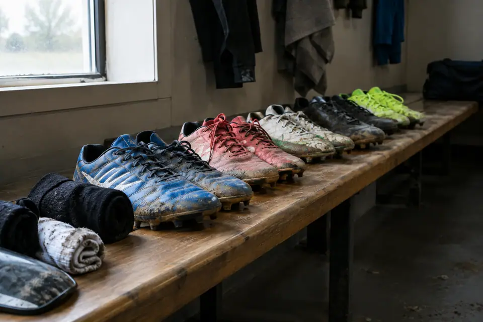 Plusieurs paires de chaussures de foot usagées alignées sur un banc de vestiaire de club amateur