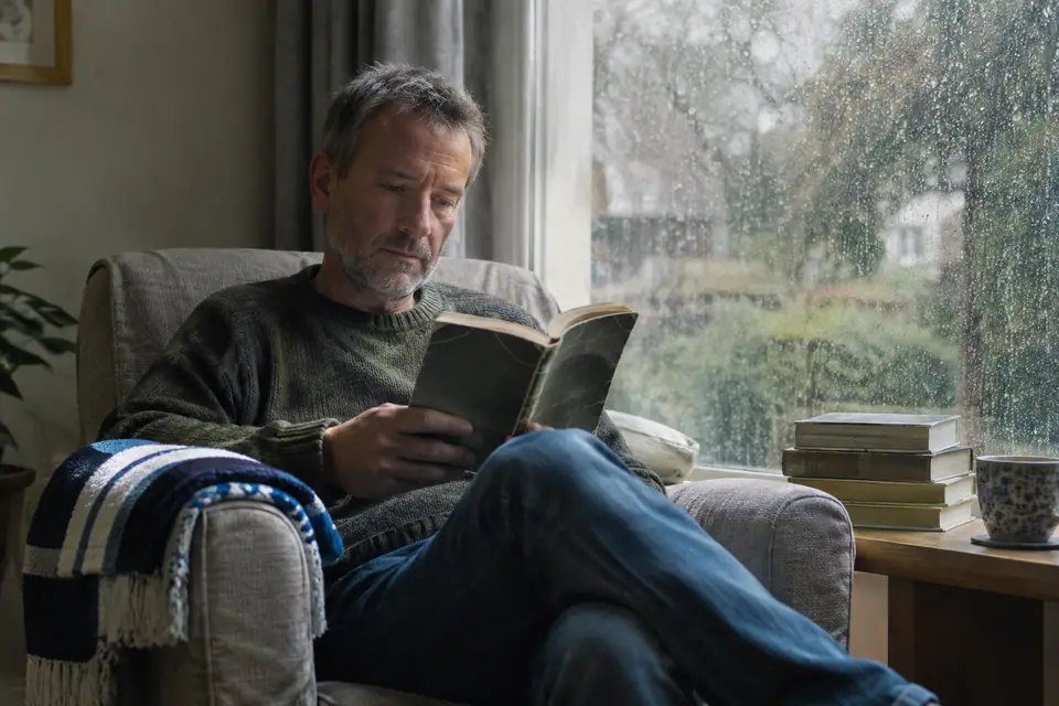 Un homme lit un livre de poche dans un fauteuil près de la fenêtre, une écharpe de foot sur l'accoudoir