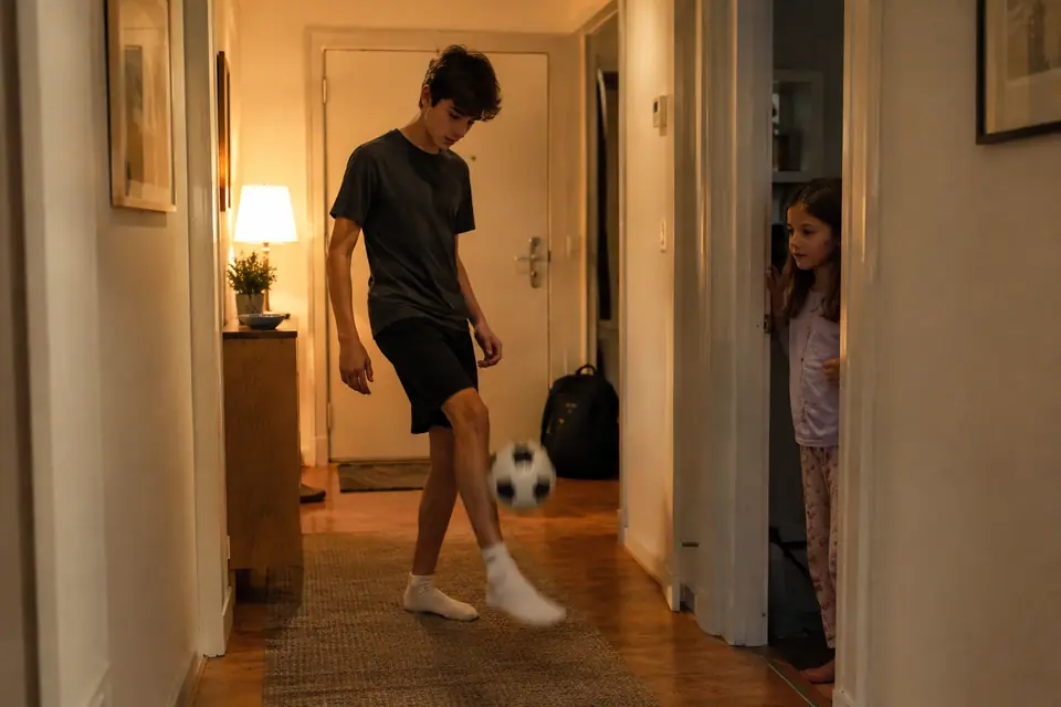 Un adolescent jongle avec un mini ballon de foot dans le couloir d'un appartement, en chaussettes