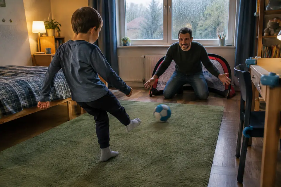 Un petit garçon en chaussettes tire un ballon en mousse vers un mini but gardé par son père