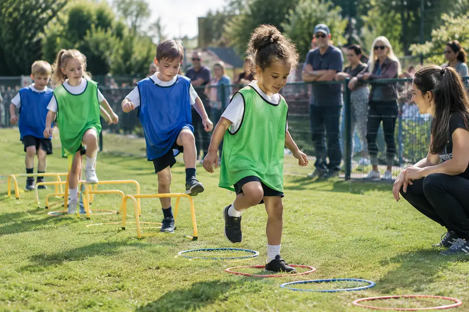 Enfants de six ans en chasubles enjambant des mini haies et sautant dans des cerceaux plats sur un terrain