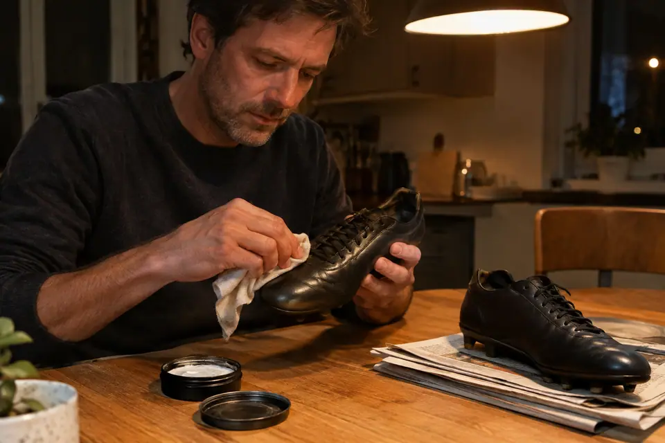 Un joueur passe de la crème sur une chaussure de foot en cuir noir posée sur du papier journal