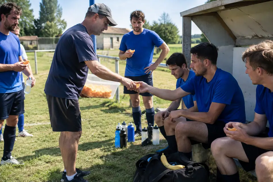 Éducateur distribuant des quartiers d'orange à la mi-temps à des joueurs amateurs près de leurs gourdes