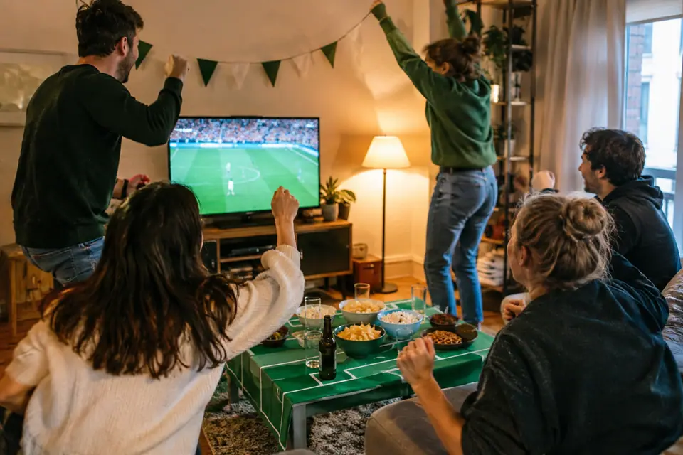 Un groupe d'amis célèbre un but devant la télé, sous une guirlande de fanions, nappe terrain sur la table