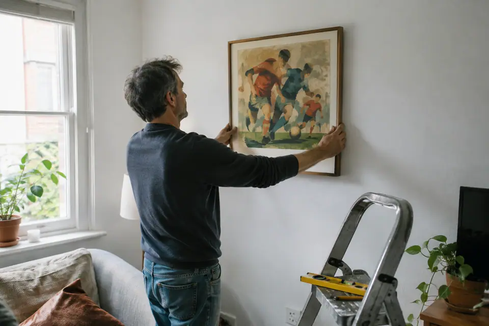 Un homme accroche une affiche de foot de style rétro encadrée sur le mur blanc de son salon