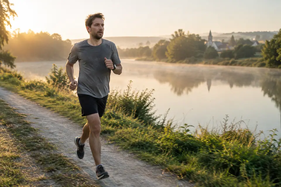 Joueur amateur faisant un footing tôt le matin sur un chemin au bord d'une rivière en été