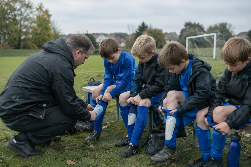 Enfants assis sur un banc au bord du terrain enfilant leurs protège-tibias avec l'aide d'un éducateur