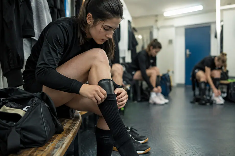 Joueuse de futsal glissant un protège-tibias fin dans sa chaussette sur un banc de vestiaire