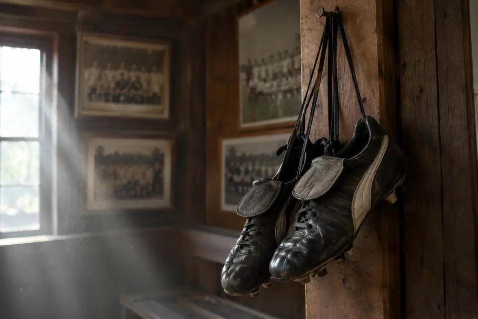 Une vieille paire de chaussures de foot en cuir noir à bande blanche suspendue dans un club-house