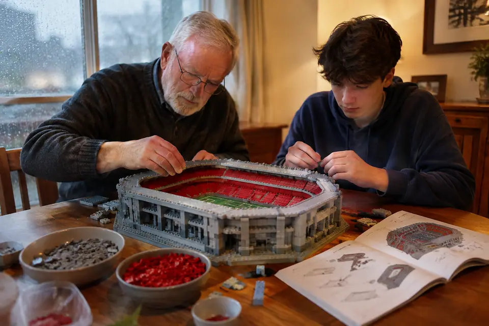 Un grand-père et son petit-fils construisent une maquette de stade en briques sur la table du salon
