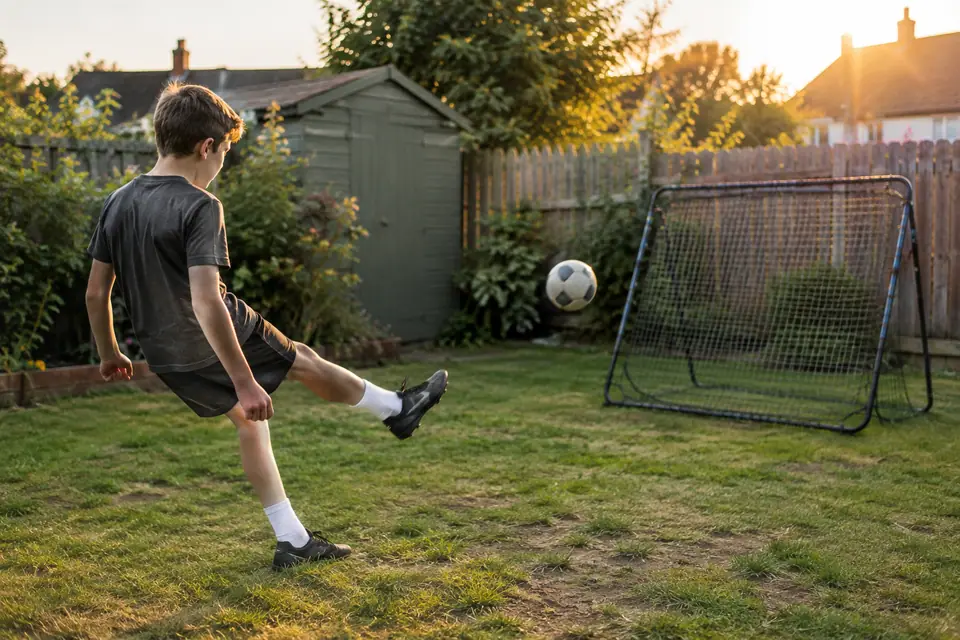 Garçon de douze ans frappant un ballon contre un rebondisseur de foot dans un jardin au soleil couchant