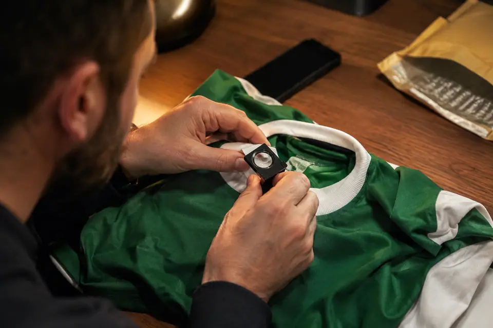 Gros plan sur des mains qui examinent l'étiquette intérieure d'un maillot de foot avec une loupe