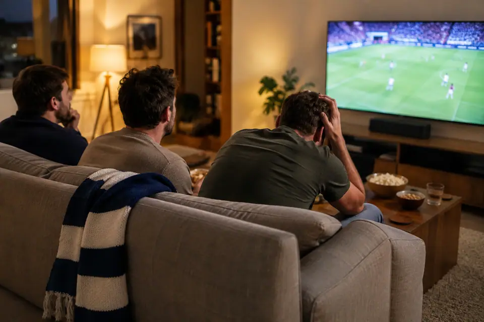 Trois amis sur un canapé réagissent devant un match de foot à la télévision, une écharpe sur le dossier
