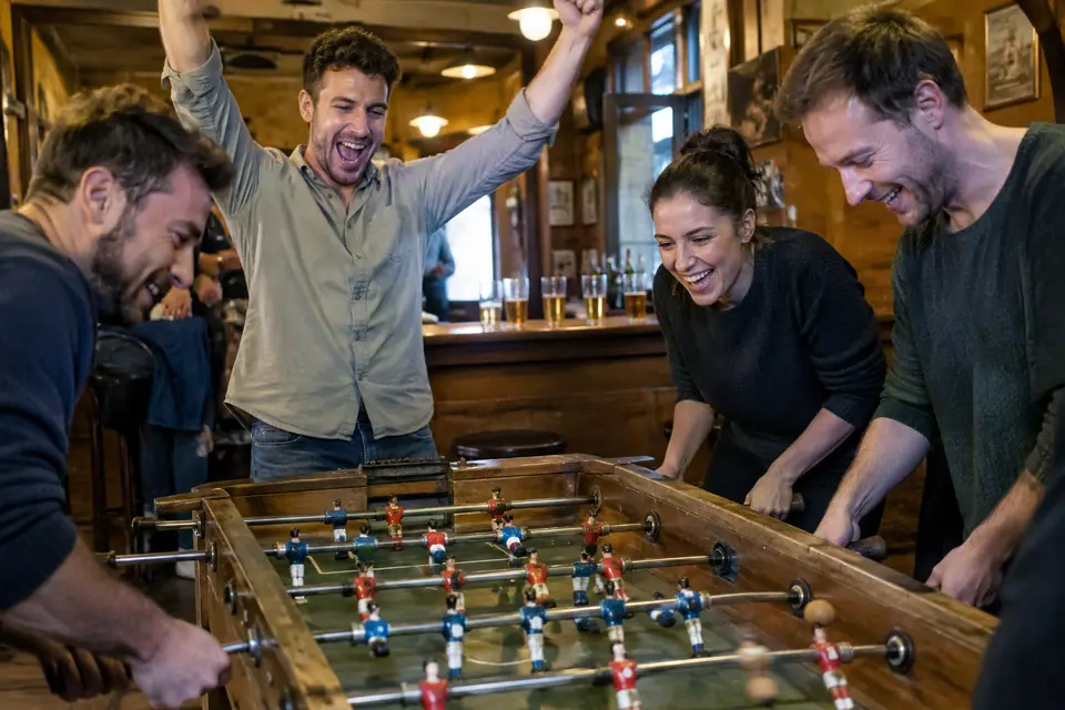 Quatre amis disputent une partie de baby-foot en double dans un petit bar, sous une lumière chaude