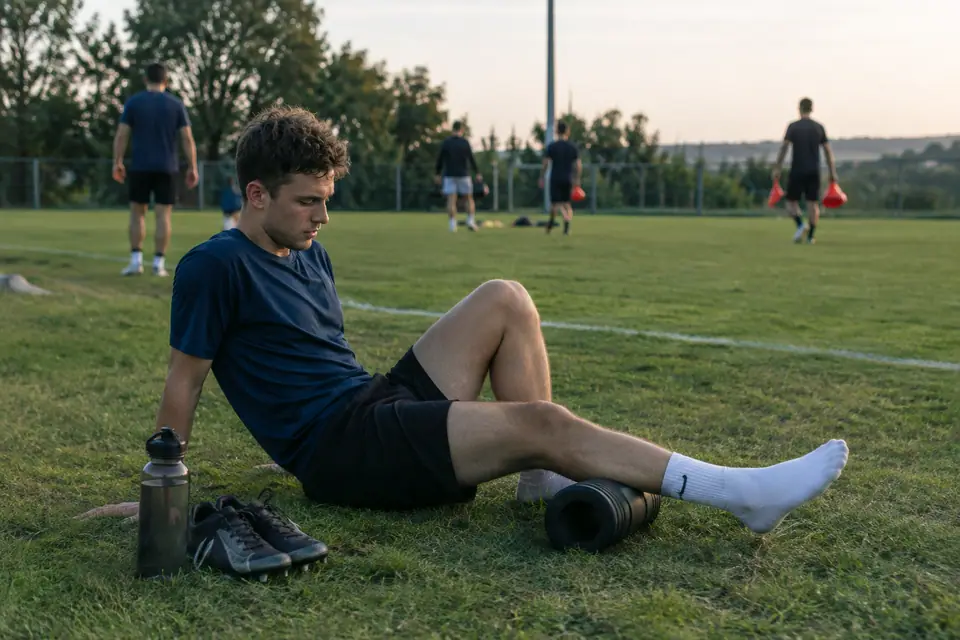 Un jeune joueur passe son mollet sur un rouleau de massage au bord du terrain après l'entraînement