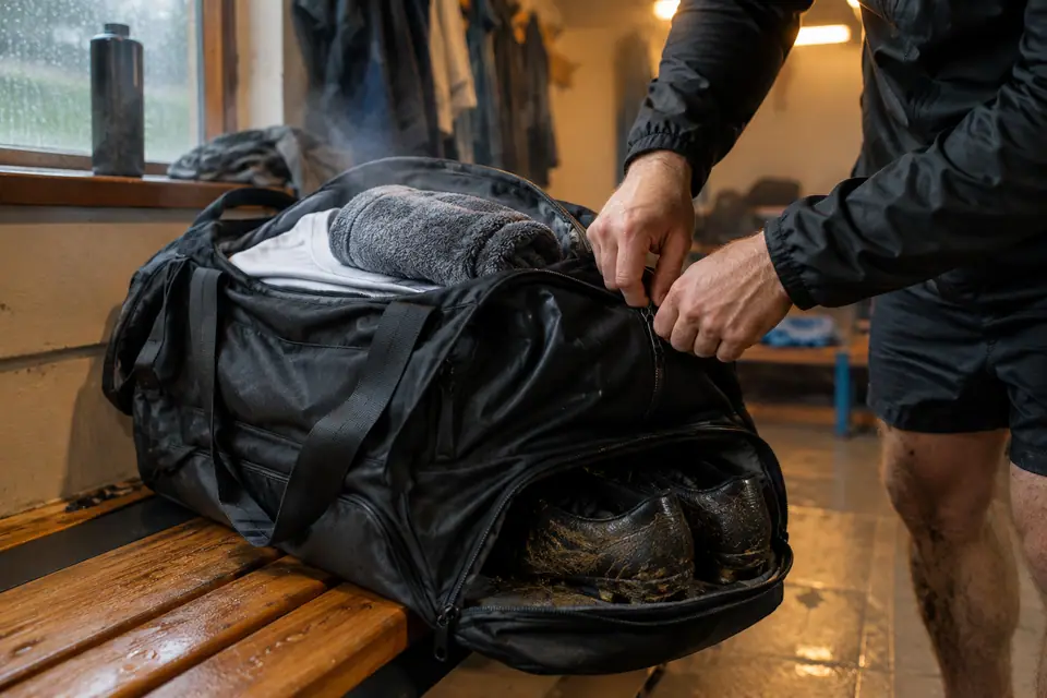 Sac de sport ouvert sur un banc de vestiaire avec des crampons boueux et une tenue pliée