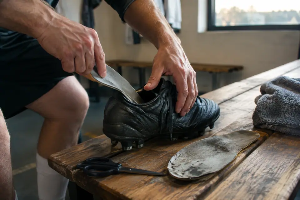 Des mains glissent une semelle de remplacement dans une chaussure de foot, l'ancienne semelle usée à côté
