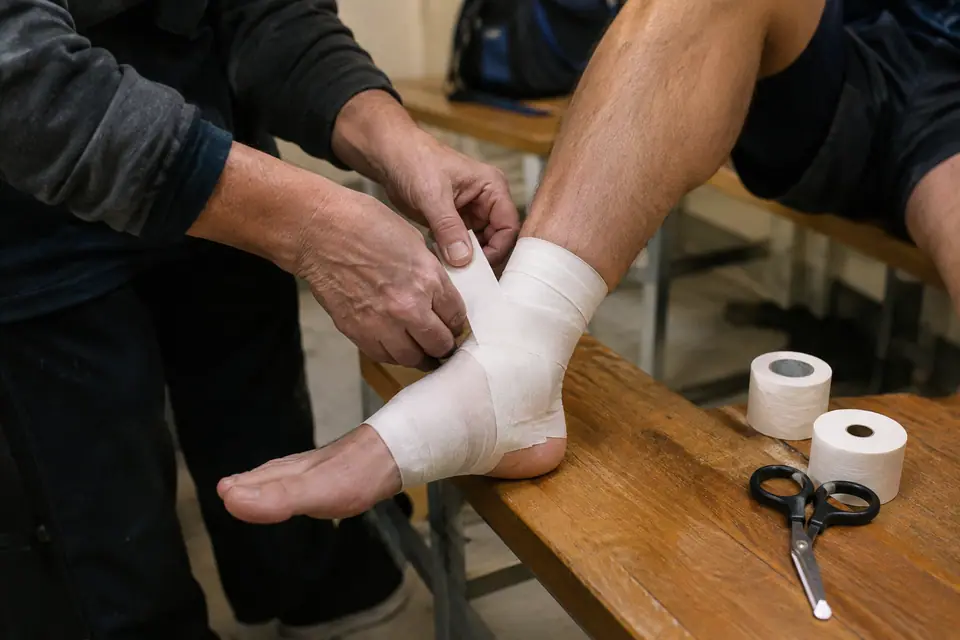 Bénévole du club posant un strapping blanc sur la cheville d'un joueur assis dans le vestiaire