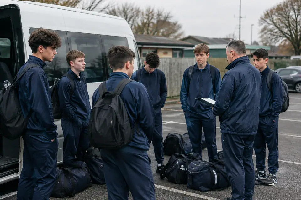 Des adolescents d'un club amateur en survêtements bleu marine identiques attendent devant un minibus
