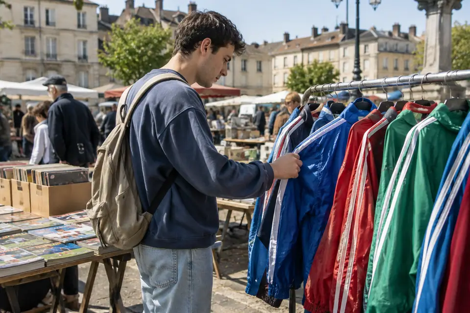Un jeune homme fouille un portant de vestes de survêtement vintage colorées sur une brocante ensoleillée