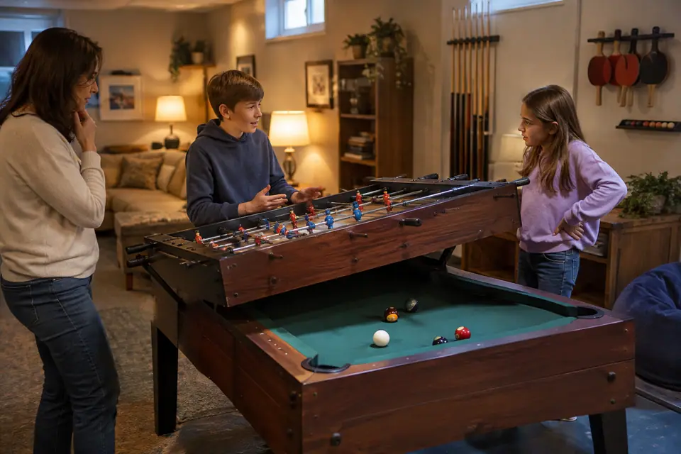 Mère et enfants devant une table multijeux baby-foot et billard dans une salle de jeux au sous-sol