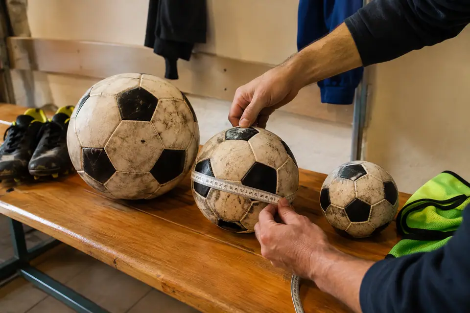 Trois ballons de foot de tailles différentes alignés sur un banc de vestiaire, avec un mètre ruban