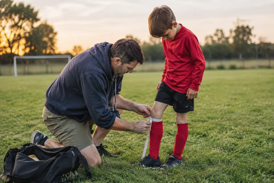 Un père mesure le tibia de son fils avec un mètre ruban souple au bord d'un terrain de foot