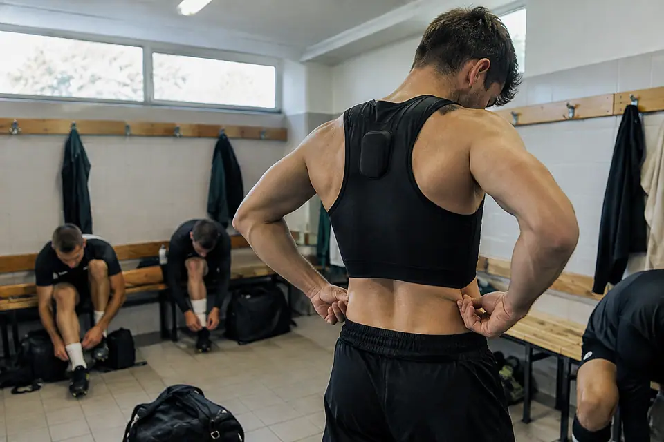 Un joueur amateur ajuste une brassière de suivi GPS dans le vestiaire avant un match