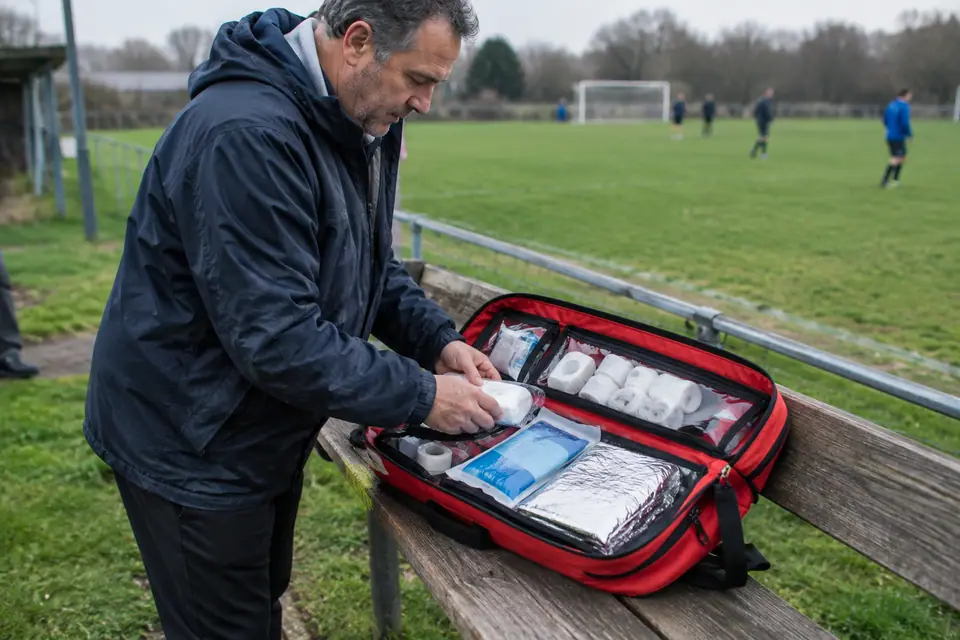 Trousse de secours ouverte sur un banc au bord d'un terrain de foot, vérifiée par un éducateur bénévole