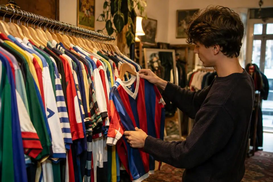 Maillots de foot vintage suspendus sur un portant dans une boutique de seconde main