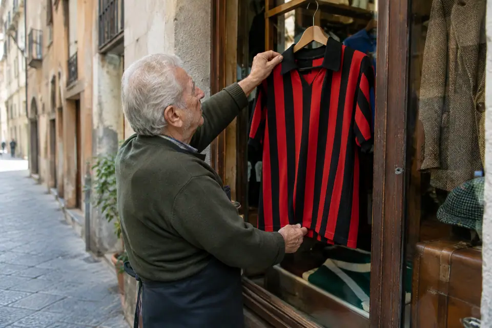 Commerçant âgé ajustant un maillot de foot rayé rouge et noir dans la vitrine d'une boutique vintage
