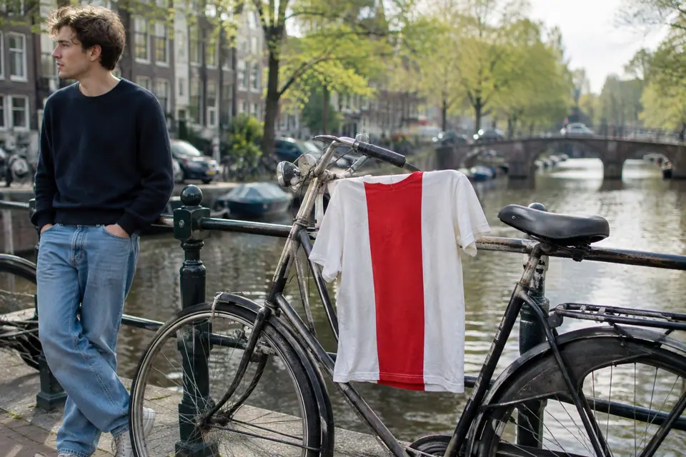 Maillot de foot blanc à large bande rouge verticale accroché à un vélo au bord d'un canal