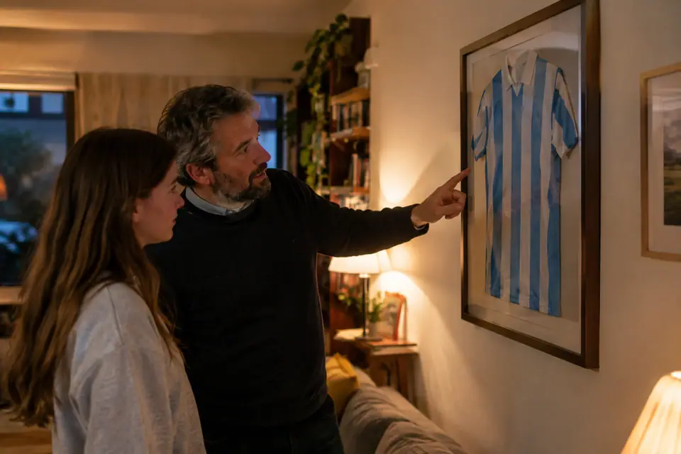 Père montrant à sa fille un maillot de foot à rayures bleu ciel et blanc encadré au mur