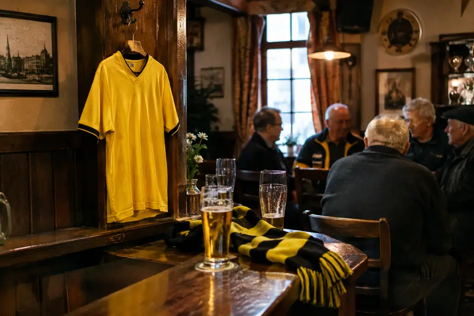 Maillot de foot jaune suspendu dans un vieux bistrot allemand, écharpe jaune et noire sur le comptoir