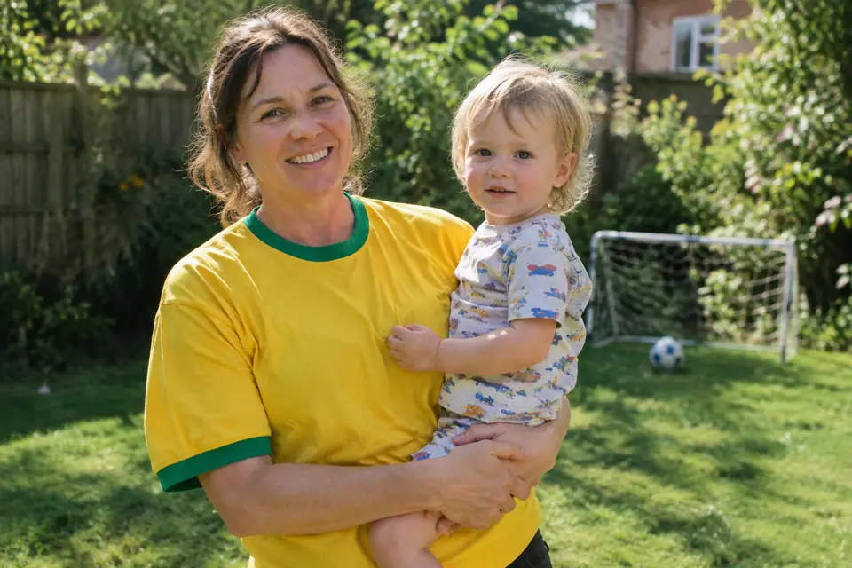 Femme en maillot de foot jaune ample à col vert tenant un enfant dans un jardin ensoleillé