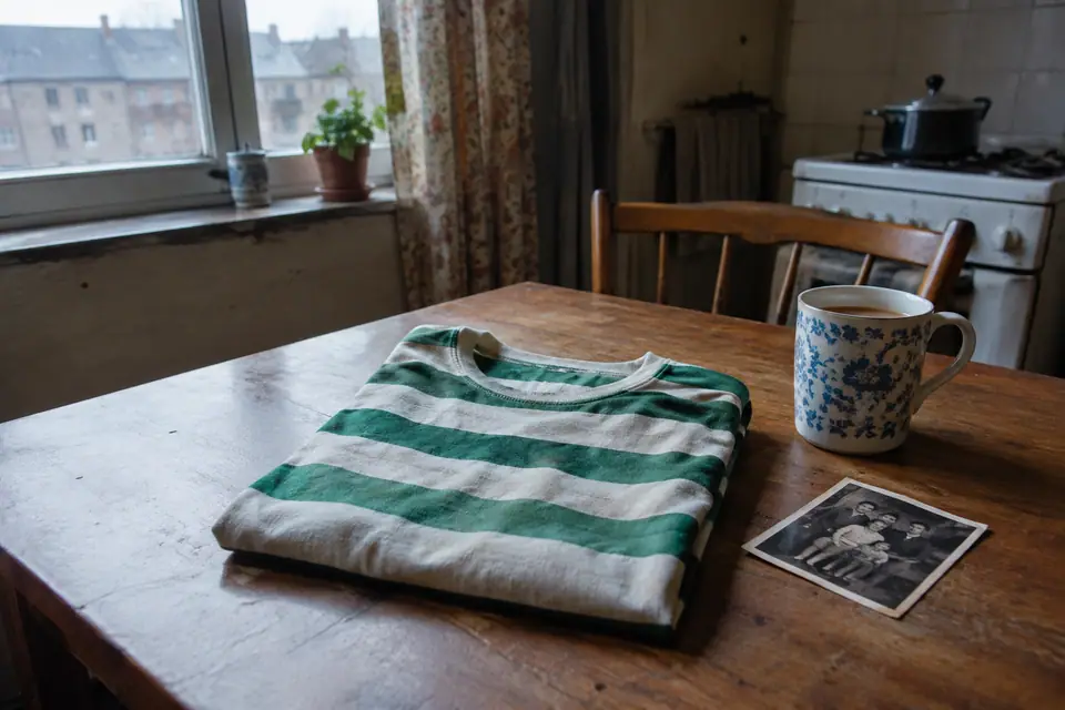 Maillot de foot à cerceaux verts et blancs plié sur une table de cuisine près d'une théière