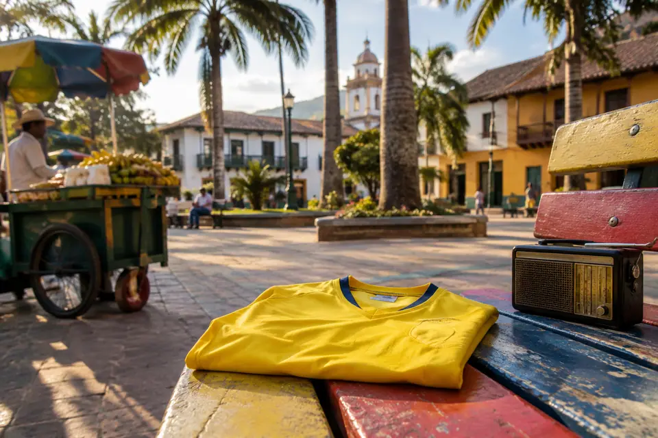 Maillot de foot jaune rétro plié sur un banc coloré d'une petite place de village