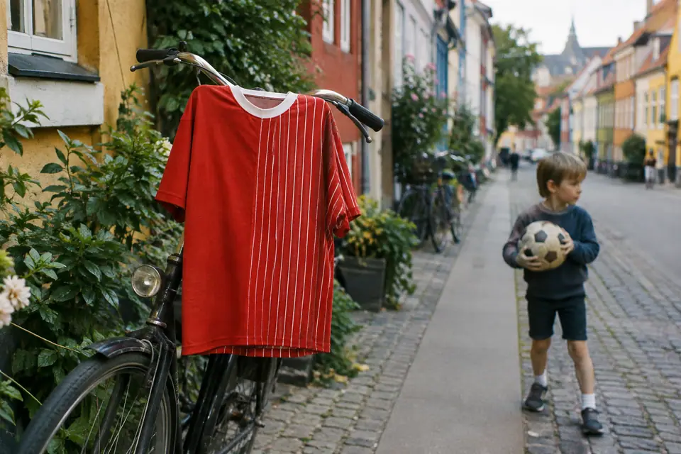 Maillot de foot rétro mi-rouge mi-rayé suspendu au guidon d'un vélo dans une rue colorée