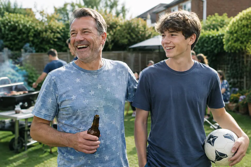 Père de famille riant en maillot de foot bleu délavé à étoiles blanches lors d'un barbecue