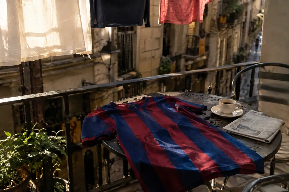 Maillot de foot rayé bleu et grenat posé sur une table de balcon dans une rue ensoleillée