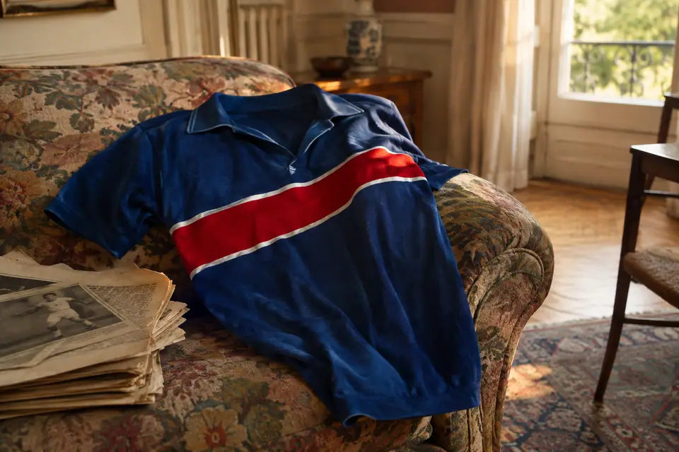 Maillot de foot rétro bleu barré d'une bande rouge posé sur un vieux canapé avec des journaux