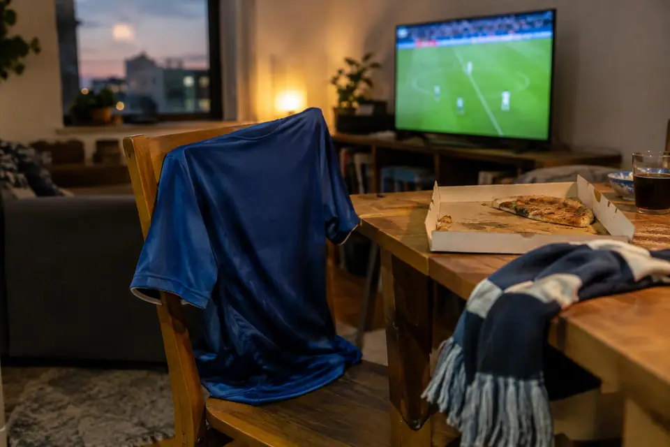Maillot de foot bleu suspendu à une chaise devant une télévision allumée un soir de match