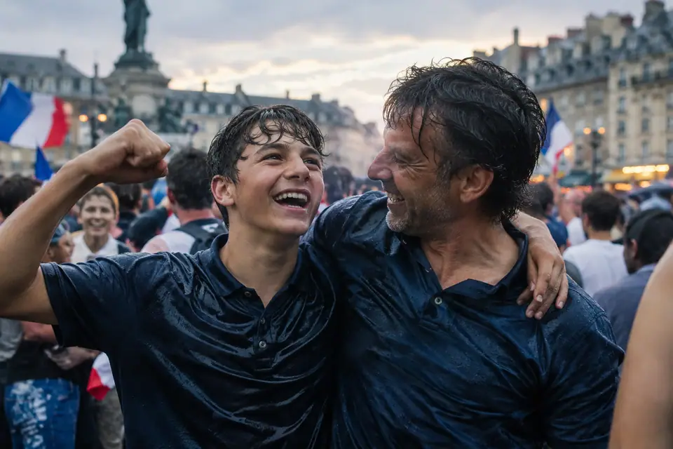Adolescent en maillot de foot bleu nuit fêtant une victoire avec son père sous la pluie