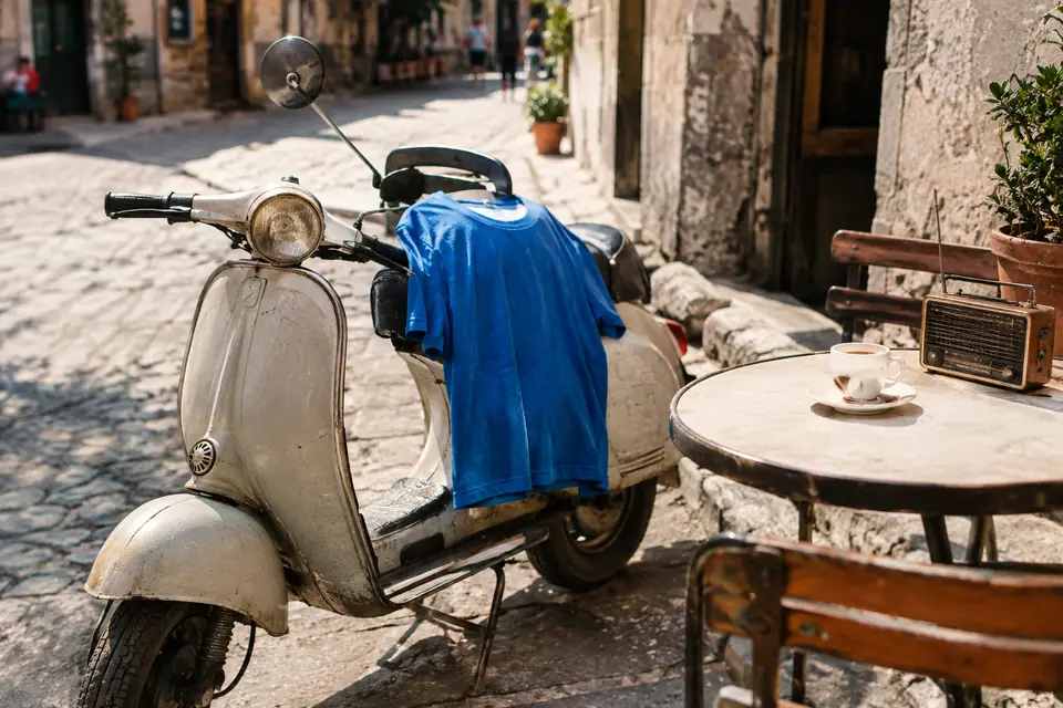 Maillot de foot bleu azur de style rétro posé sur une selle de scooter dans une rue ensoleillée